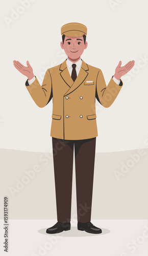 A friendly hotel receptionist stands with outstretched arms, welcoming guests with a warm smile in an inviting hotel atmosphere, highlighting hospitality and service.
