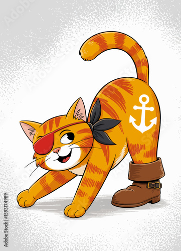 A lively orange cat with a pirate eye patch and a boot stretches playfully, showcasing a whimsical pirate theme, perfect for children's illustrations and stories.
