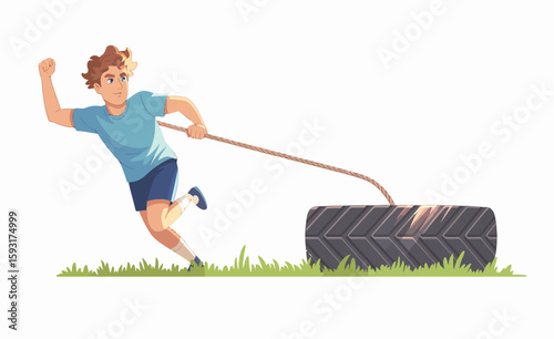 A determined boy is energetically pulling a tire with a rope, representing physical fitness and strength, while enjoying engaging outdoor play, embodying youth and vitality in action.