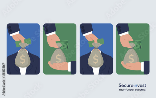 An engaging illustration portraying a sequence of financial transactions, highlighting investment, money growth, and the importance of securing one's financial future through visuals.