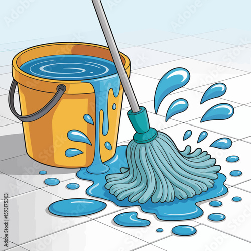 A vivid illustration of a mop dripping water into a bucket, capturing the essence of cleaning and tidiness as well as the energy of maintaining a fresh indoor environment.