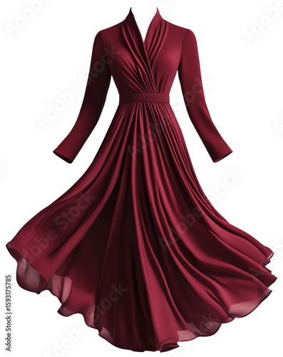 Rich plum A-line dress with long sleeves, elegant silhouette, flowing fabric, isolated on transparent background.