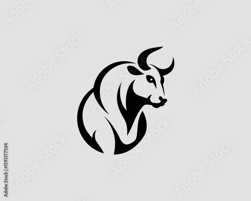 A sleek, minimalist logo design of a bull head in black and white, representing strength, power, and determination in an innovative graphical style.