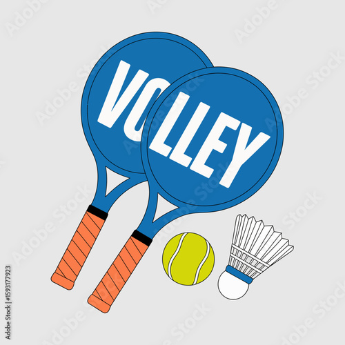 A dynamic display of tennis and badminton equipment featuring rackets and a shuttlecock, encapsulating the energetic spirit of sports and competitive play.