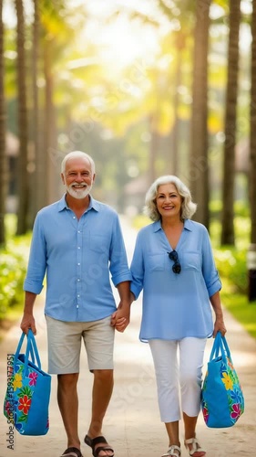 Elderly couple holding hands, strolling down a tree-lined pathway.