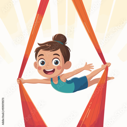 A joyful child skillfully performing on aerial silks, capturing the thrill and beauty of aerial arts in a vibrant, expressive manner, showcasing talent and grace under bright lights.