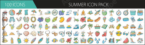 Summer vector icon pack with 100 colorful elements -  Vibrant collection of 100 summer-themed vector icons including beach items, fruits, drinks, tra                                                   