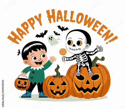 A spirited boy celebrates Halloween joyfully with a skeleton, surrounded by fun pumpkins and playful elements, depicting the fun and joy of this special day.
