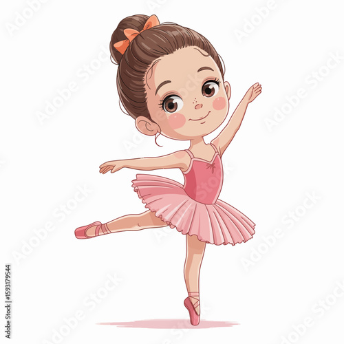 A charming young ballerina gracefully executing a dance pose in her pink tutu, showcasing the beauty of ballet and the joy of dance through her expression and posture.