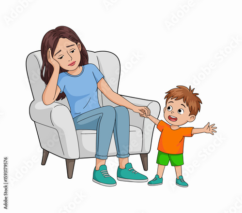 A tired mother sits in a chair, looking overwhelmed while her young child pulls her hand, symbolizing the challenges of parenting and seeking attention.