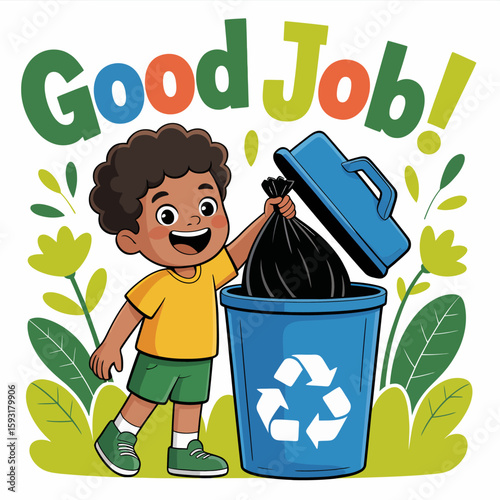 A cheerful child joyfully recycling waste into a bin with a vibrant design, emphasizing the importance of environmental responsibility and fostering positive habits from a young age.