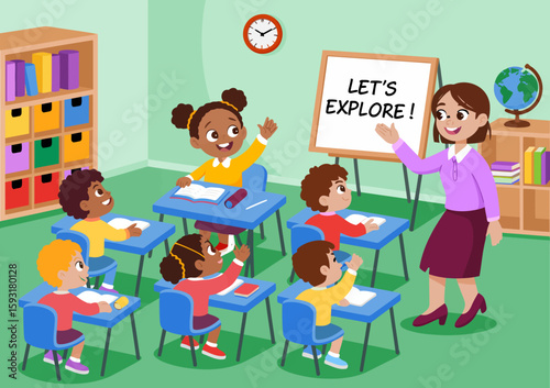 A passionate teacher engaging with her diverse students in a colorful classroom, fostering an interactive learning environment with enthusiasm and joy.