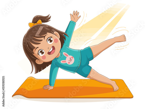 A cheerful girl performs a side plank yoga pose on a bright orange mat, showcasing her playful spirit and enthusiasm for fitness in a delightful manner.