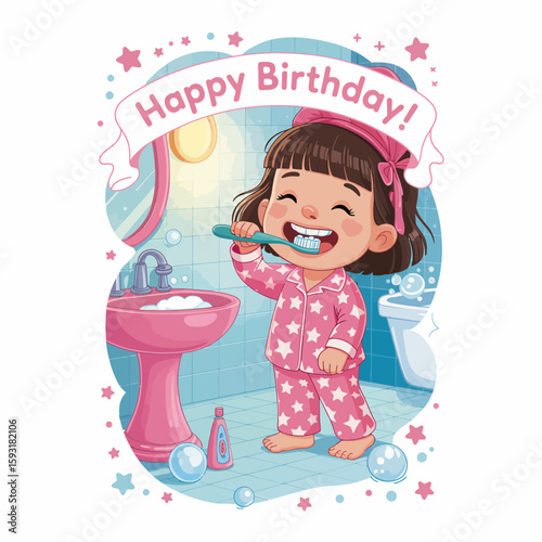 A joyful young girl in pink pajamas happily brushes her teeth in a colorful bathroom, celebrating her birthday with a smile and playful atmosphere.