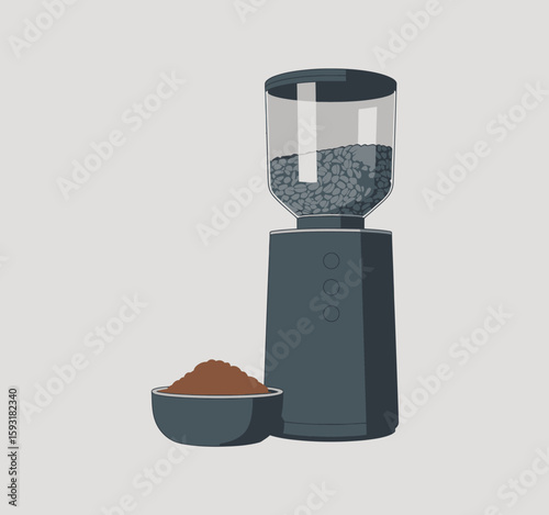 This image features a sleek, modern coffee grinder showcasing whole beans and finely ground coffee, perfect for coffee enthusiasts and baristas looking to brew the best cup.