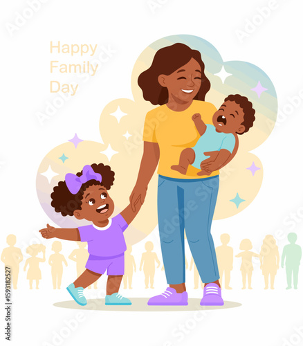 This vibrant illustration showcases a joyful mother holding her child while another child happily points, celebrating Family Day with warmth and happiness in a cheerful environment.
