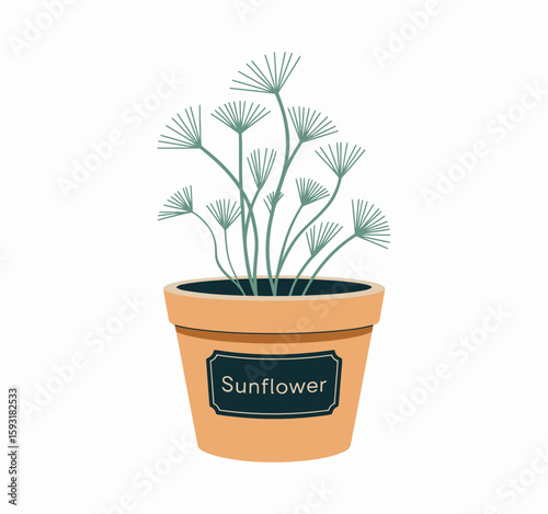 A beautifully illustrated potted sunflower plant featuring delicate green stems, radiating a sense of growth, life, and the joy of nurturing nature in a charming style.