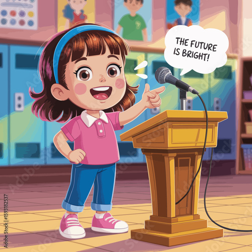 A cheerful young girl stands confidently at a podium, excitedly declaring that the future is bright, inspiring her peers in a colorful classroom setting.