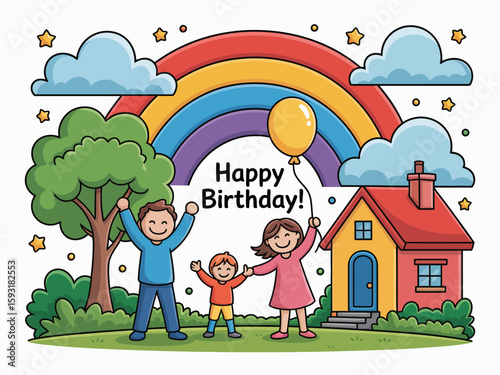 A happy family celebrating a birthday outdoors with colorful balloons and a vibrant rainbow, depicting love, joy, and the essence of togetherness on special occasions.