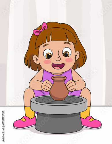 A young girl joyfully shapes clay on a pottery wheel in this engaging illustration, reflecting creativity and the hands-on joy of crafting unique pottery pieces.