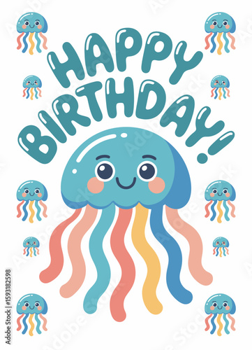 A delightful birthday card featuring a smiling jellyfish in vibrant colors, perfect for adding a fun touch to any birthday celebration or event. Ideal for kids!