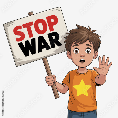 An illustration of a young boy holding a 'Stop War' sign, representing innocence and a heartfelt plea for peace and understanding in a conflict-driven world.