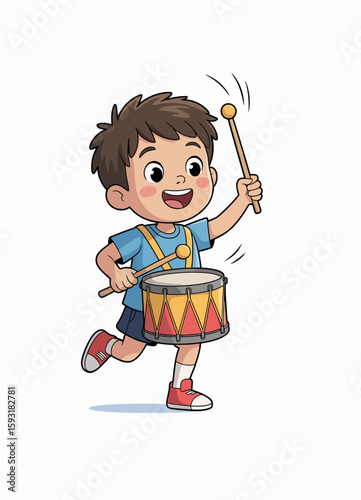 A cheerful young boy is joyfully playing a drum, showcasing his love for music and rhythm while running energetically, embodying childhood spontaneity and creativity.