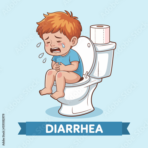 A distressed child sitting on a toilet, capturing the uncomfortable emotions associated with diarrhea, highlighting the importance of health and well-being for children.