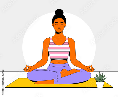 A calm woman practicing yoga in a serene environment, encapsulated in peace and focus, symbolizing mindfulness, balance, and wellness practices for the body and mind.