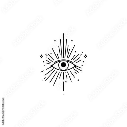 Minimalist eye design emits rays in esoteric symbol on white background