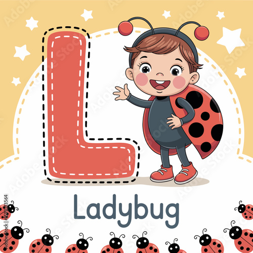 The image captures a cheerful child in a ladybug costume joyfully introducing the letter 'L', combining education and playfulness in a vivid, engaging design for children.