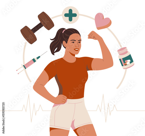 This dynamic illustration portrays a strong woman flexing her muscles amid symbols of health and fitness, promoting a lifestyle of wellness, exercise, and personal strength.