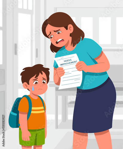 An engaging illustration of a concerned mother discussing her son's academic performance, highlighting emotions of worry and support in a relatable family setting.