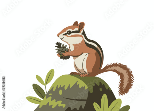 A charming chipmunk perched on a rock, holding a pine cone. This delightful scene encapsulates wildlife curiosity and the beauty of nature in a playful, animated style.