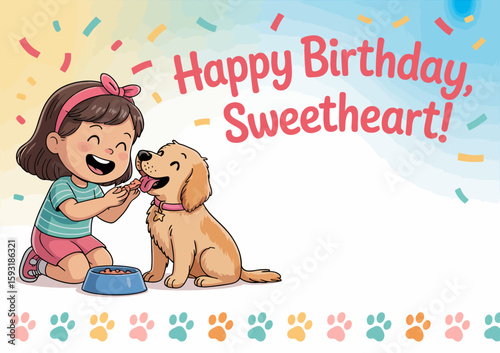 A joyful illustration of a girl celebrating her birthday with a golden retriever, capturing the essence of happiness and companionship on special occasions.