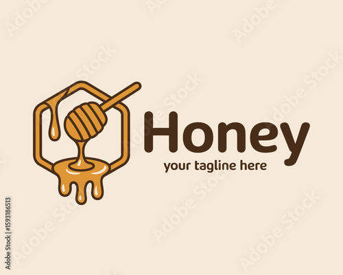 A minimalist honey logo featuring a honey dipper and dripping honey, perfect for branding or packaging in the food industry, emphasizing sweetness and flavor.