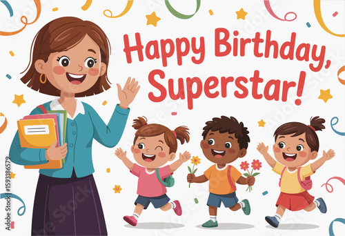 The image captures a happy teacher waving at her students who are celebrating one child's birthday, illustrating joy, education, and the warmth of classroom community.