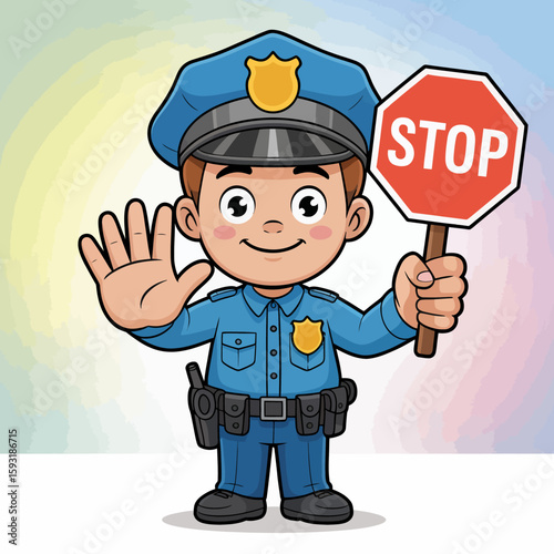 A cartoon illustration of a smiling young police officer cheerfully holding a stop sign, symbolizing safety and community engagement aimed at children.