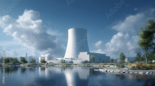 concept of a SMR small modular nuclear reactor power plant on a sunny day. SMR is a future energy concept.