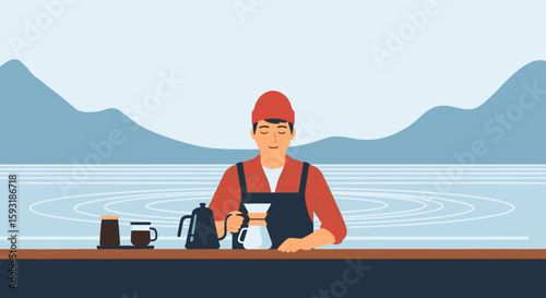 Barista Preparing Coffee In Front Of Calm Mountain Landscape Illustration