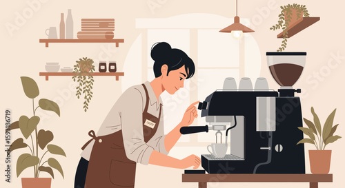 Barista Preparing Coffee In Cozy Coffee Shop Vector Illustration