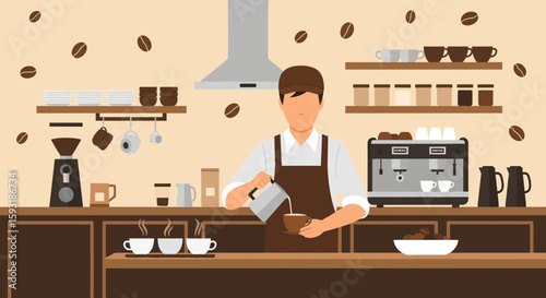 Barista Preparing Coffee In Coffee Shop Flat Vector Design Illustration