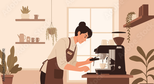 Barista Preparing Espresso Drink with Professional Machine in Cafe Setting