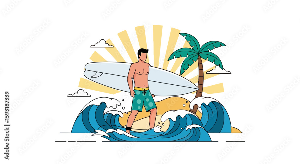 Fototapeta premium Cheerful Surfer Carrying Surfboard With Ocean Waves In Tropical Paradise Scene