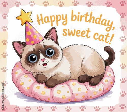 A charming illustration of a sweet cat wearing a festive birthday hat while resting adorably on a fluffy pink cushion, capturing the essence of a delightful celebration.