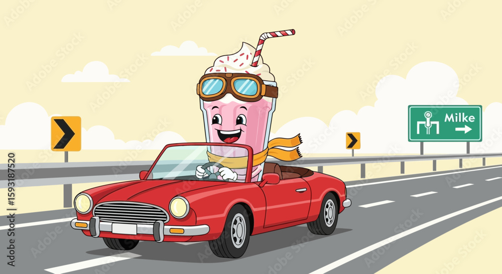 Fototapeta premium A Milkshake Character Driving An Open Top Car On A Road Trip Adventure