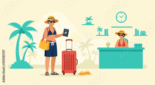 Cheerful Tourist Woman Checks in at Hotel Resort For a Tropical Vacation