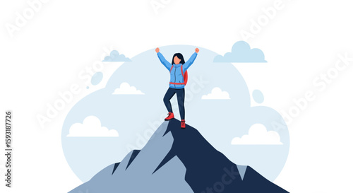 Achieving Goals Female Hiker On Mountain Peak Celebrating Success Destination Travel