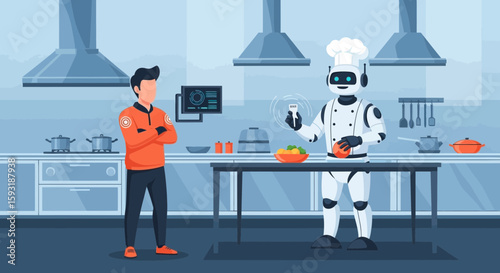 Culinary Revolution Human Overseeing Robotic Chef Preparing Meal In Modern Kitchen