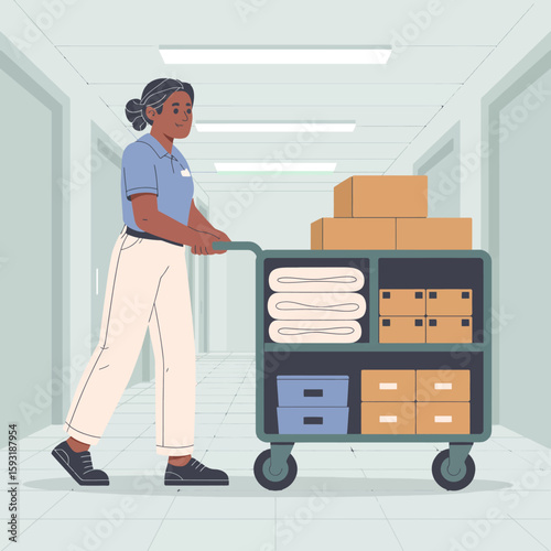 An industrious worker pushes a cart filled with boxes and supplies down a hallway, representing hard work and dedication in a professional environment.